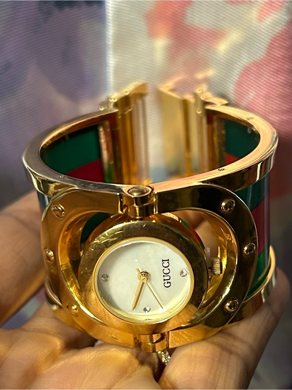 Gucci Women's Gold Tone Bracelet Watch with Green-Red Stripe